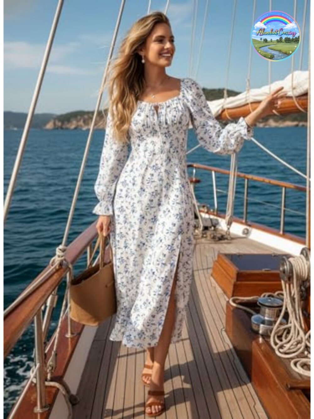 Women's Square Neck Floral Midi Dress with Side Split, Boho Print A-Line Long